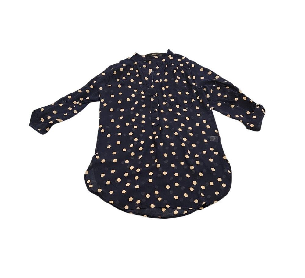 Fun2Fun Navy Blue Polka Dot Sheer Blouse Small Button Front Long Sleeve Top